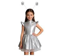 Manyakai Traje Extraterrestre Alien de Brillante para Niñas Vestido sin Mangas con Diadema Espacial Disfraz de Guerrera Cuadrilla Galáctica Disfraz Soldado del Espacio Plata 13-14 años