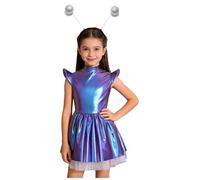 Manyakai Traje Extraterrestre Alien de Brillante para Niñas Vestido sin Mangas con Diadema Espacial Disfraz de Guerrera Cuadrilla Galáctica Disfraz Soldado del Espacio Plata colorida 11-12 años