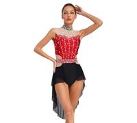 Manyakai Vestido de Danza Lírica Contemporánea para Mujer Leotardo sin Manga Espalda Maillot de Patinaje Artístico con Falda Tul y Pedrería Brillante borgoña M