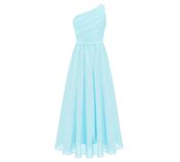 Manyakai Vestido Largo de Elegante para Niña Flores un Hombro Detalles de Bordado de Encaje Vestido de Noche de Gasa Plisada Vestido de Desfile Fiesta Bola Azul Claro 13-14 años