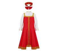 Manyakai Vestido Tradicional Ruso para Niñas 2 Piezas con Manga Bolera y Bordado Dorado y Adorno Bonito para Cabeza para Fiestas de Actuación Rojo 5-6 años