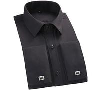 MAOAEAD - Camisa clásica de manga larga para hombre con puños franceses a rayas, bolsillo de parche simple, camisas de negocios de corte estándar