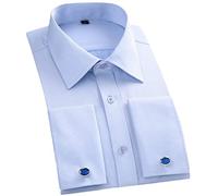 MAOAEAD - Camisa clásica de manga larga para hombre con puños franceses a rayas, bolsillo de parche simple, camisas de negocios de corte estándar