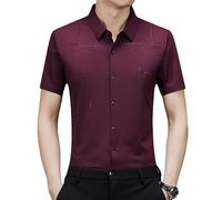 MAOAEAD Camisa de negocios de seda de hielo para hombre, camisa formal de manga corta, sin costuras, sin planchado, camiseta de negocios de alta elasticidad, camisa de seda de mediana edad, rojo vino,