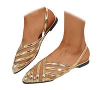 MAOAEAD Hermosas y elegantes sandalias planas de malla con rayas de color láser para mujer, puntera puntiaguda, para exteriores, citas y fiestas, Gold, 43 EU