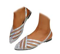 MAOAEAD Hermosas y elegantes sandalias planas de malla con rayas de color láser para mujer, puntera puntiaguda, para exteriores, citas y fiestas, Silver, 43 EU
