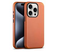 maogoam Funda de piel auténtica para iPhone 15 Pro, compatible con MagSafe, piel de grano completo, funda para teléfono móvil, estilo elegante, color naranja
