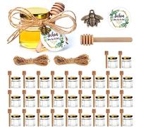 MAOOY 30 mini tarros de miel hexagonales de 45 ml, tarros de mermelada con tapas, 30 cucharita de miel, 30 etiquetas de eucalipto, 30 colgantes de abeja, cuerda de cáñamo de 20 m para bautizo
