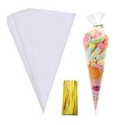 MAOUYWIEE 100 bolsas de cono, bolsas transparentes de celofán, bolsas de palomitas de maíz, bolsas de golosinas triangulares con lazos giratorios para dulces, galletas hechas a mano (6.3 x 11.8