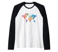 Mapa Colorido Tierra Países Continente Geografía Mapamundi Camiseta Manga Raglan
