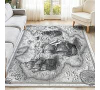 Mapa costero Dibujado a Mano Alfombra, Gris Alfombra de Franela Suave, Antideslizante y Lavable para Sala de Estar, Dormitorio y habitación Infantil 140 x 200 cm