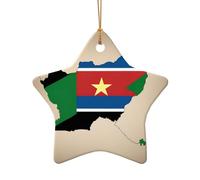 Mapa de la bandera de Sudán del Sur con estampado de estrella amarilla, decoración colgante de cerámica de Navidad con forma de corazón para árbol de Navidad