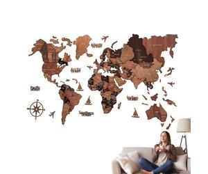 Mapa de madera 3D - Arte geográfico de madera, panel educativo del mundo | Acento de dormitorio, mapa interactivo del planeta, mundo detallado con capitales de estados, café, apartamento, arte para
