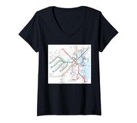 Mapa del Metro de Boston - Estados Unidos Camiseta Cuello V, Mujer, Negro, XXL