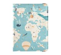 Mapa del mundo con personajes de animales y temas de vuelo, funda de cuero impermeable para pasaporte para mujer, organizador de viaje