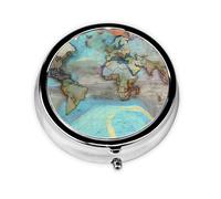 Mapa del mundo de dibujos animados. Este pequeño pastillero redondo es un organizador portátil de medicamentos de viaje con tres compartimentos para almacenar medicamentos diarios.