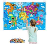 Mapa del Mundo de Fieltro 110x70 cm con Monumentos y Animales | Set Educativo Montessori con Velcro | Alfombra Didáctica para Niños 4 5 6 | Aprendizaje de Continentes, Océanos y Cultura Mundial
