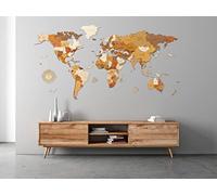 Mapa del mundo de madera para decoración de pared - multicapa de madera teñida multicolor, nombres grabados - Efecto único 3D - para sala de estar, oficina y dormitorio (XL 200x100 cm - Traveler)