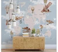 Mapa Del Mundo Dibujado A Mano En Estilo Cartoon Avión Globo Aerostático 3D Papel Pintado Pared Fácil Instalación Oficina Sala Estar Sofá Dormitorio TV Fondos Decoración-150cm×105cm
