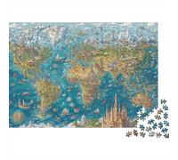 Mapa del Mundo fantástico, Rompecabezas de 1000 Piezas para Adultos y Familia, Mapa Mundial, Ciudades de Dibujos Animados, Barcos, Premium Grueso Resistente, desafiante, 70x50cm/1000pzas