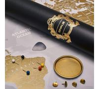 Mapa del mundo laminado extra grande para rascar, mapa de viaje dorado y blanco de primera calidad, el mejor mapa dorado XL para rascar, todos los accesorios incluidos