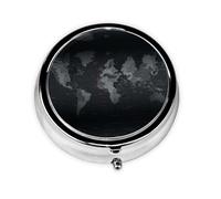 Mapa del mundo negro. Este pequeño pastillero redondo impreso es un organizador portátil de píldoras y vitaminas, perfecto para bolsillos, bolsos y viajes.