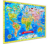 Mapa del Mundo para Niños Aprendizaje - Póster Educativo Ilustrado de Mapa del Mundo Grande y Colorido de 33” x 24” - Divertidos Juegos de Geografía de Búsqueda y Encontrado Atlas Arte de Pared Póster