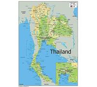 Mapa físico de Tailandia - Colección Oxford - Tamaño A1 - Papel laminado
