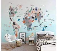 Mapa Mundial Dibujado A Mano Con Animales Y Personalidades 3D Papel Pintado Pared Fácil Instalación Oficina Sala Estar Sofá Dormitorio TV Fondos Decoración-350cm×256cm