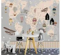 Mapa Mundial Retro De Dibujos Animados Globo Aerostático Y Avión 3D Papel Pintado Pared Fácil Instalación Oficina Sala Estar Sofá Dormitorio TV Fondos Decoración-300cm×210cm