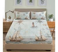 Mapa NáUtico Antiguo Suave Transpirable Juego de Sábana Ajustable 135x190 cm Hipoalergénica Juego de Ropa de Cama, Gris Claro Cómoda Cama de Soltero 3 Piezas Sábana Ajustable
