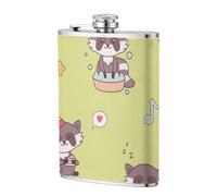 Mapache kawaii lindo,Frasco de acero inoxidable 304 de 8 oz con funda de cuero sintético, frasco de bolsillo para licor plano para exteriores