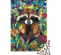 Mapache Mosaico Colorido Puzzle de 1000 Piezas Juego de Puzzle 1000 Piezas Papel Naturaleza Flores Alivio Estrés Decoración Regalo Adultos 52x38cm/1000pcs