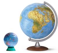 Mapamundi Táctil 30 cm Tecnodidáctica - Globo terrestre con relieves 3D, cartografía física y política, base de madera, instrumento educativo + hucha con forma de globo geográfico D.11 cm