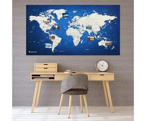 Mapamundi XXL como tablón de anuncios | Pin destinos de viaje y vacaciones | Mapa mundial de elegante forro polar en azul | 130 x 70 cm, incluidos 20 alfileres de bandera