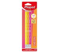 Maped – Lápices de grafito HB2 neón – Pack 3, papel FSC, punta de goma, forma triangular ergonómica
