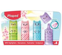 Maped - 4 mini resaltadores de bolsillo con diseño de personajes Kawaii, color verde, azul, rosa y morado