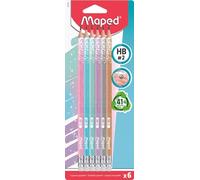 6 lápices de papel HB punta goma MAPED Glitter Deco Pastel