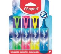 Maped Arctic Vibes - Pack de 4 Subrayadores Fluorescentes con Purpurina en el Cuerpo, Punta Biselada de Precisión, Colores Neón (Verde, Rosa, Amarillo, Azul), No Emborrona Fotocopias, Material Escolar