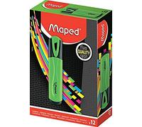 Maped - Caja de 12 rotuladores fluorescentes clásicos, color verde - colores brillantes para resaltar tus escritos - Punta biselada para hacer trazos de 1 a 5 mm