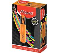 Maped - Caja de 12 rotuladores fluorescentes fluorescentes clásicos, color naranja - colores brillantes para resaltar tus escritos - Punta biselada para hacer trazos de 1 a 5 mm