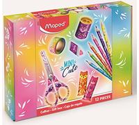 Maped - Caja de regalo de 12 piezas mini cute - 1 tijeras + 1 talla-rayón + 1 goma de borrar pirámide + 6 lápices de colores + 2 resaltadores + 1 rollo de enmascaramiento cinta