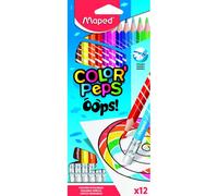 Maped - Pinturas de Madera - Lápices de Colores Oops - 12 Pinturas Borrables - Incluyen Goma en la Parte Trasera - Diseño Ergonómico - Diámetro de Mina Estándar