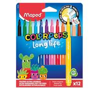 Maped Color'Peps Long Life - Estuche de 12 Rotuladores Lavables, Punta Bloqueada Antihundimiento Súper Resistente, No se Secan sin Tapa (Hasta 1 Semana), Colores Brillantes, Material Escolar