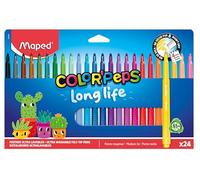 Maped Color'Peps Long Life - Estuche de 24 Rotuladores Lavables, Gama Completa de Colores, Punta Bloqueada Antihundimiento, No se Secan sin Tapa (Hasta 1 Semana), Material Escolar de Larga Duración