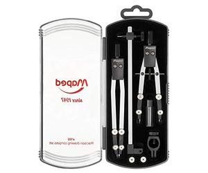 Maped Compas 1947 N°415 - Estuche de 5 piezas, 1 compás clásica de 130 mm, 1 compás de 105 mm, 1 extensión de 140 mm, funda de mina y anillo 178002, color gris