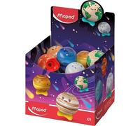 Maped Connect Planet - Expositor de Mostrador con 20 Sacapuntas de Metal Coleccionables, Diseño Ergonómico de 1 Agujero con Depósito Antigolpes, Surtido de Colores, Listo para Vender