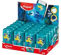 Maped Dragon - Expositor de 20 Sacapuntas 2 en 1 con Goma de Borrar, Sacapuntas Doble de 2 Agujeros y Borrador Sin PVC, Diseño de Escamas, Display de Mostrador para Tiendas, 20 Unidades