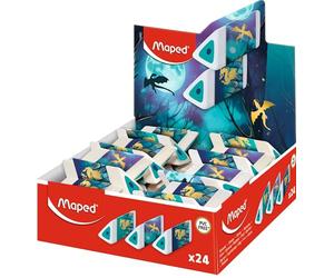 Maped Dragon - Expositor de 24 Gomas de Borrar Blancas con Escamas Metalizadas, Goma de Precisión Ergonómica y Cómoda, Display de Mostrador para Tiendas, Material Escolar con Embalaje Reciclable