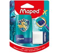 Maped Dragon - Sacapuntas 2 en 1 con Goma de Borrar, Sacapuntas Doble de 2 Agujeros para Lápices Estándar y Jumbo, Sin PVC ni Ftalatos, Incluye Recambio de Goma, Material Escolar para Niños